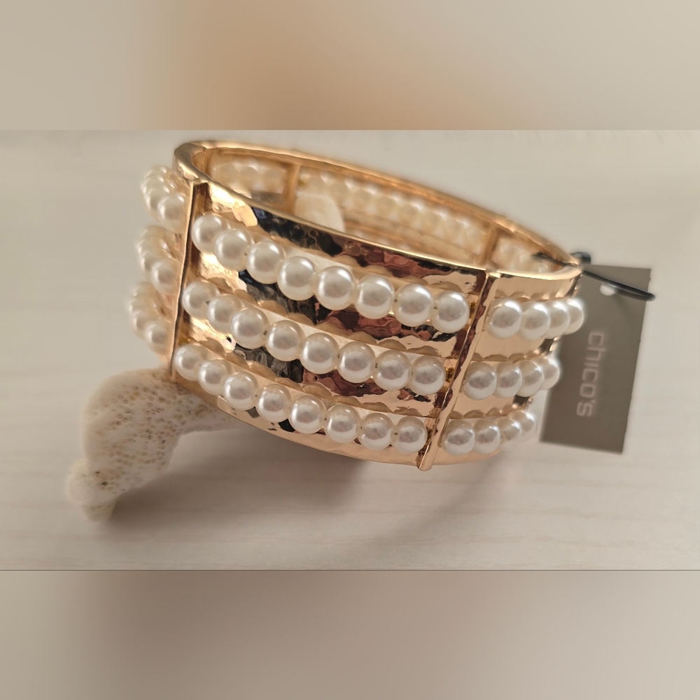 Chico's Gold and White Pearl Cuff Bracelet